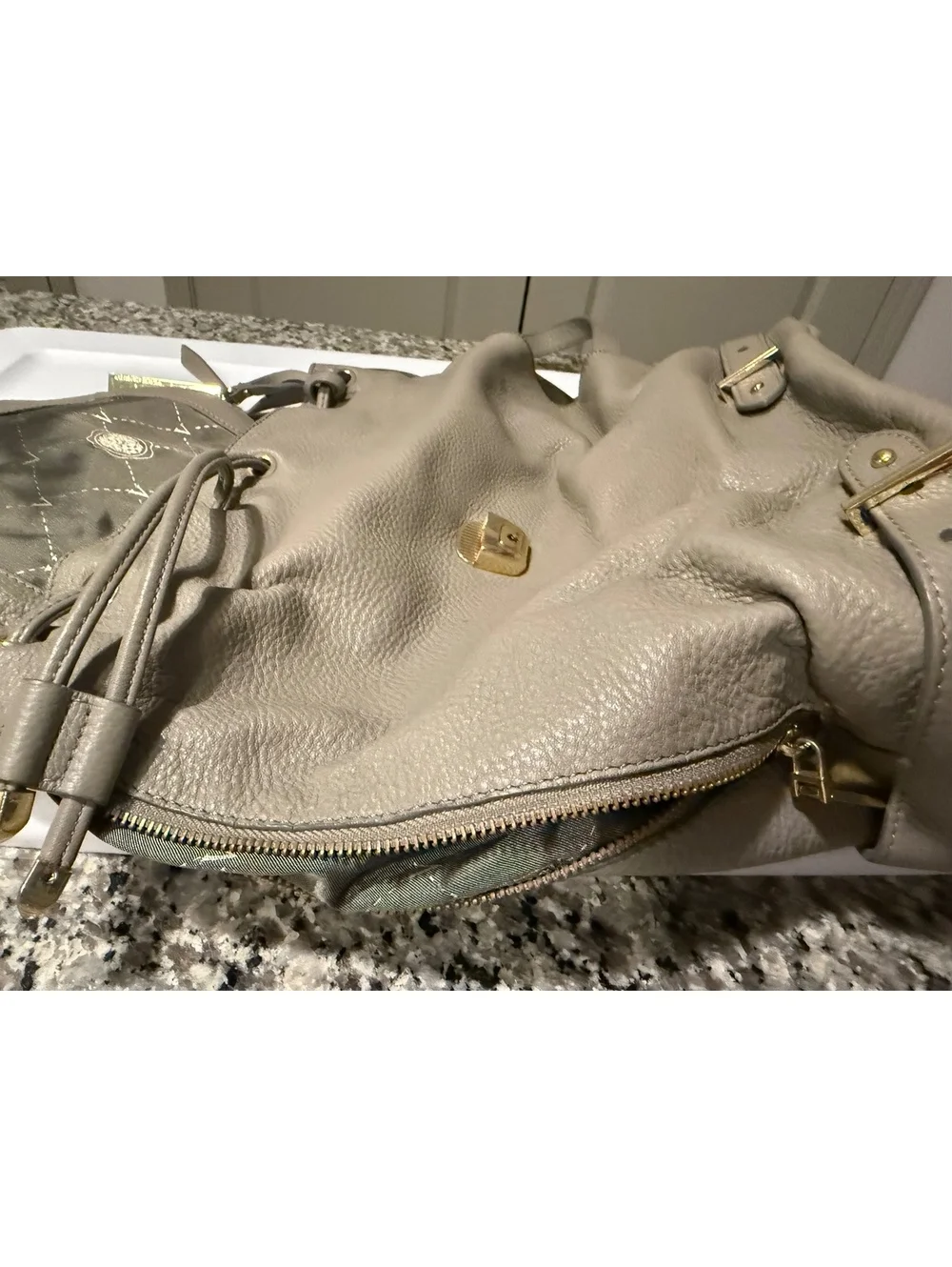 Vince Camuto Gray Pebbled Leather Drawstring Backpack Gold Hardware